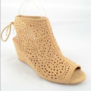 Toffee suede peep toe booties